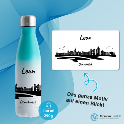 Trinkflasche in Weiß/Mint 500ml aus Edelstahl bedruckt mit der Skyline von Osnabrück personalisierbar mit Wunschname