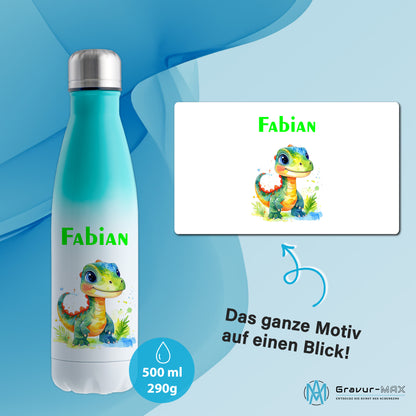 Thermoflasche 500ml in Weiß/Mint bedruckt mit tollen Motiven für Kinder "Dino Kinder" personalisierbar mit Wunschname