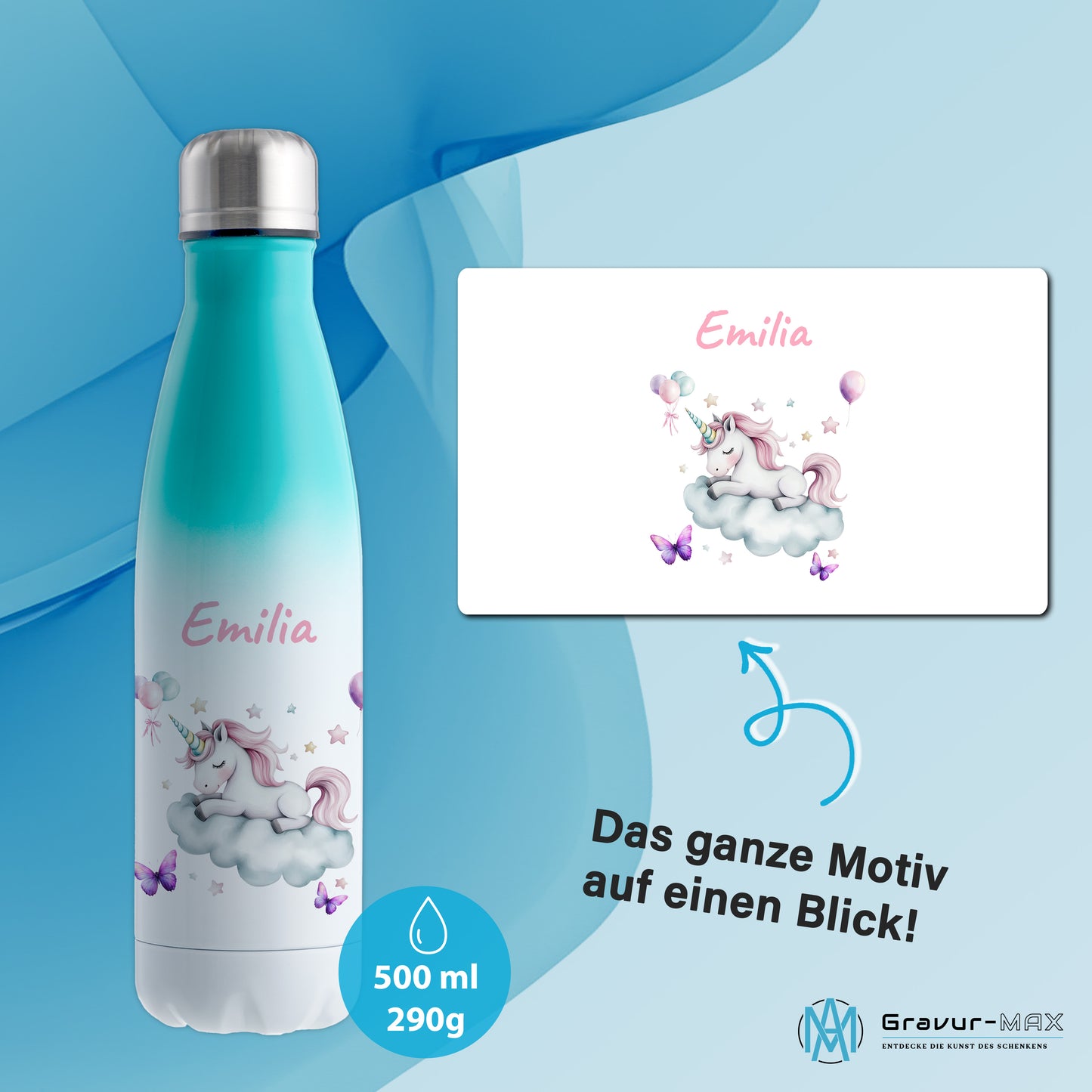 Thermoflasche 500ml in Weiß/Mint bedruckt mit tollen Motiven für Kinder "Einhorn Wolke" personalisierbar mit Wunschname