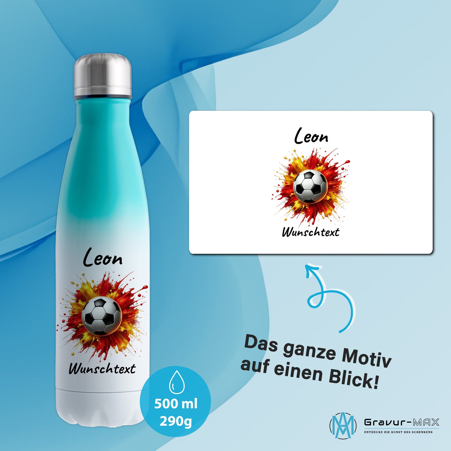 Thermoflasche 500ml in Weiß/Mint aus Edelstahl bedruckt "Fußball" Motiv9 personalisierbar mit Wunschname & Text