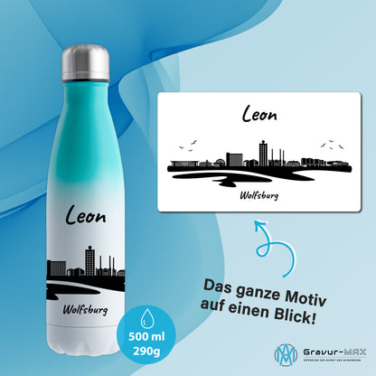 Trinkflasche in Weiß/Mint 500ml aus Edelstahl bedruckt mit der Skyline von Wolfsburg personalisierbar mit Wunschname