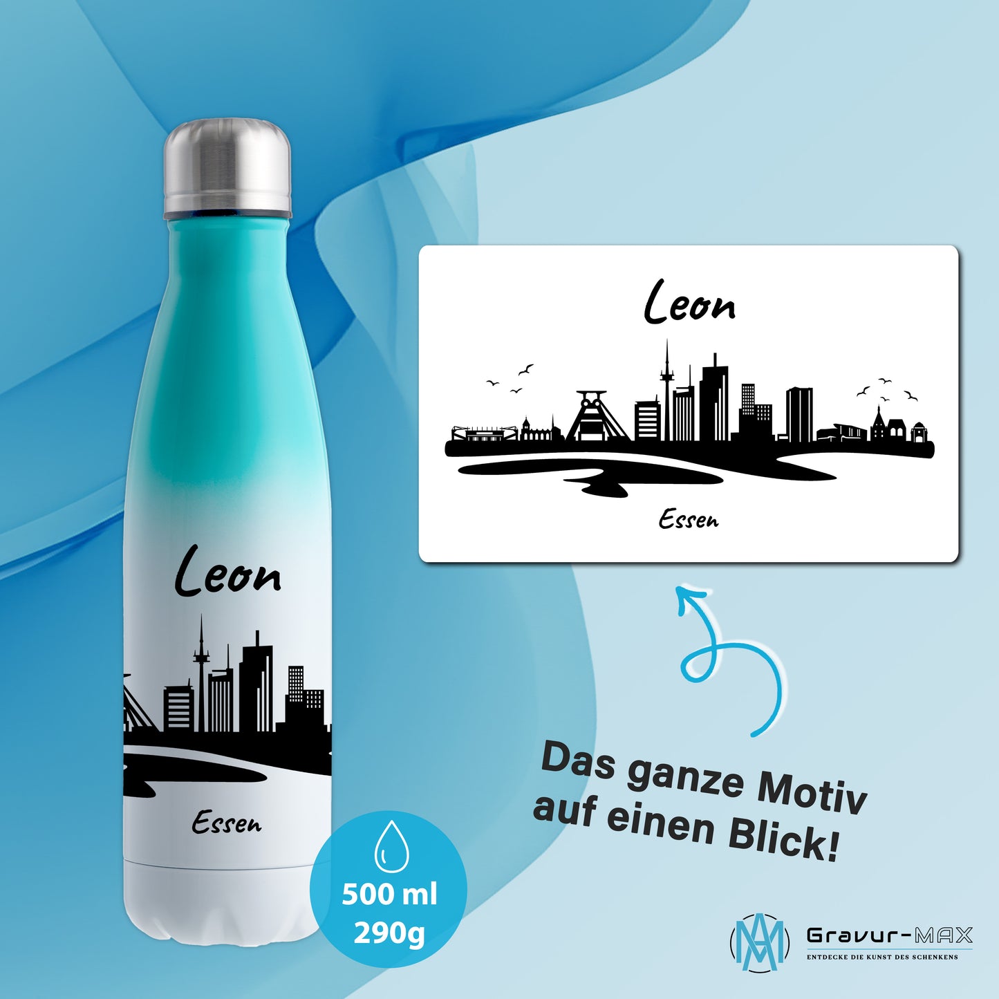 Trinkflasche in Weiß/Mint 500ml aus Edelstahl bedruckt mit der Skyline von Essen personalisierbar mit Wunschname