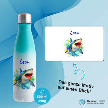 Thermoflasche 500ml in Weiß/Mint bedruckt mit tollen Motiven für Kinder "Hai" personalisierbar mit Wunschname