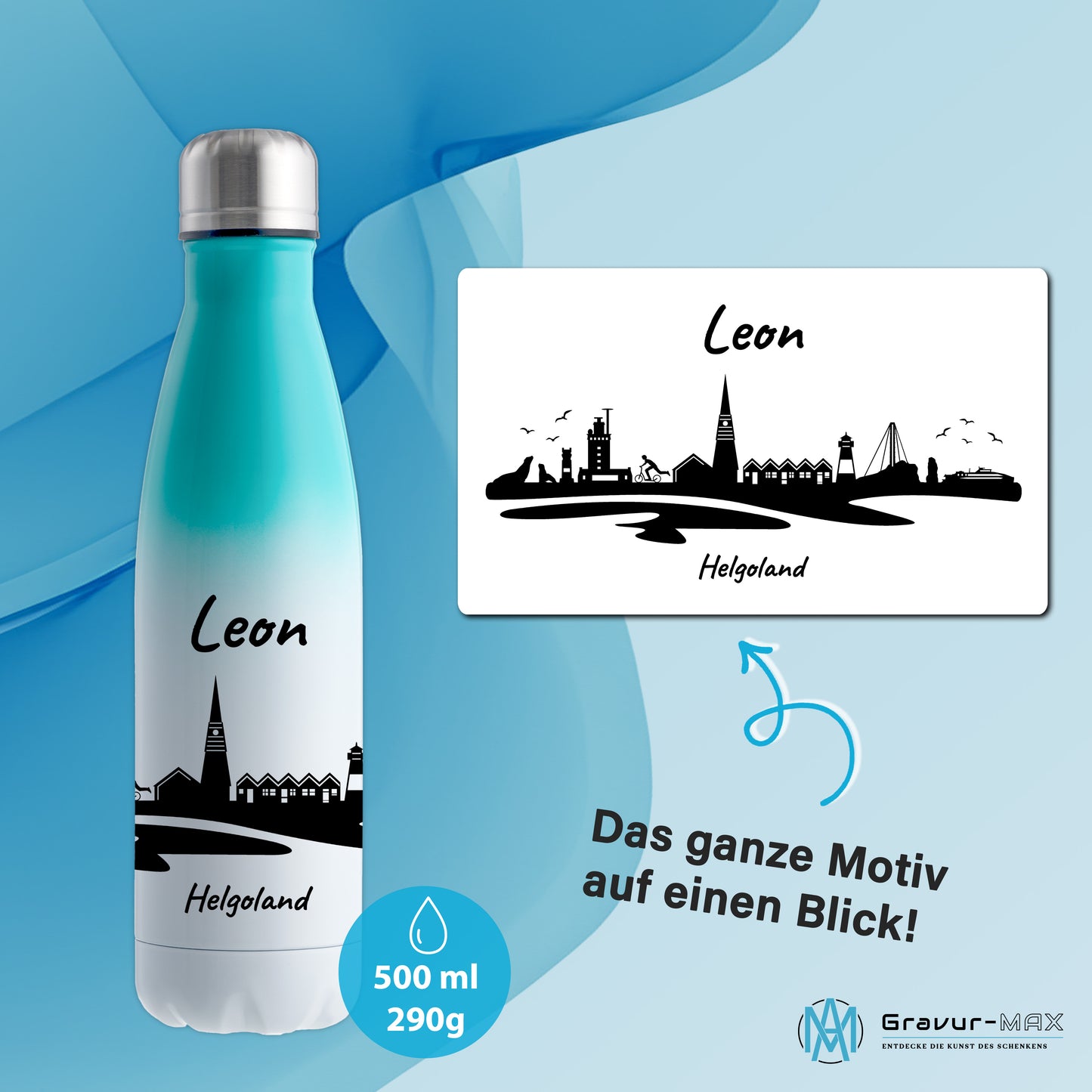 Trinkflasche in Weiß/Mint 500ml aus Edelstahl bedruckt mit der Skyline von Helgoland personalisierbar mit Wunschname