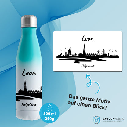 Trinkflasche in Weiß/Mint 500ml aus Edelstahl bedruckt mit der Skyline von Helgoland personalisierbar mit Wunschname