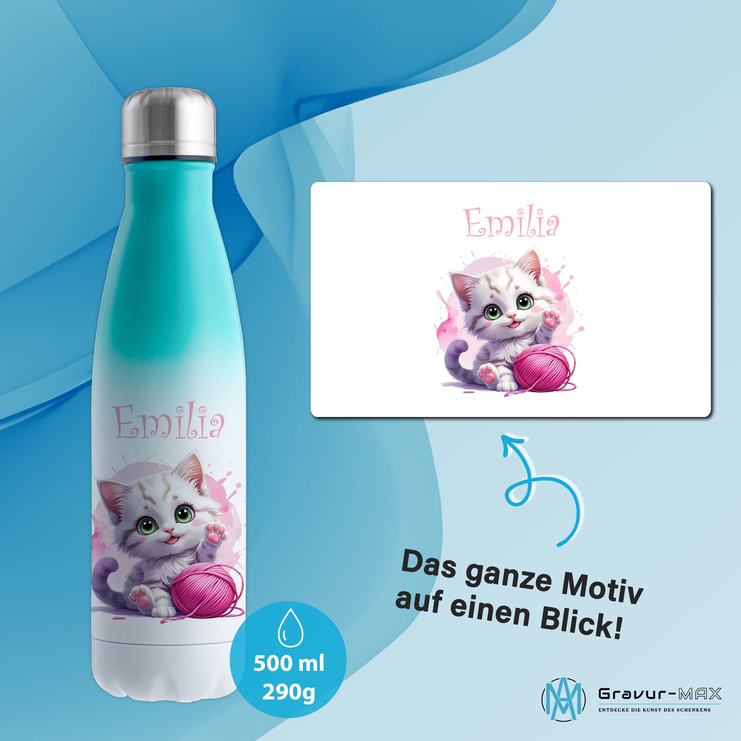 Trinkflasche in Weiß/Mint 500ml aus Edelstahl bedruckt mit niedlichen Tieren "Katze" personalisierbar für Kinder mit Wunschname
