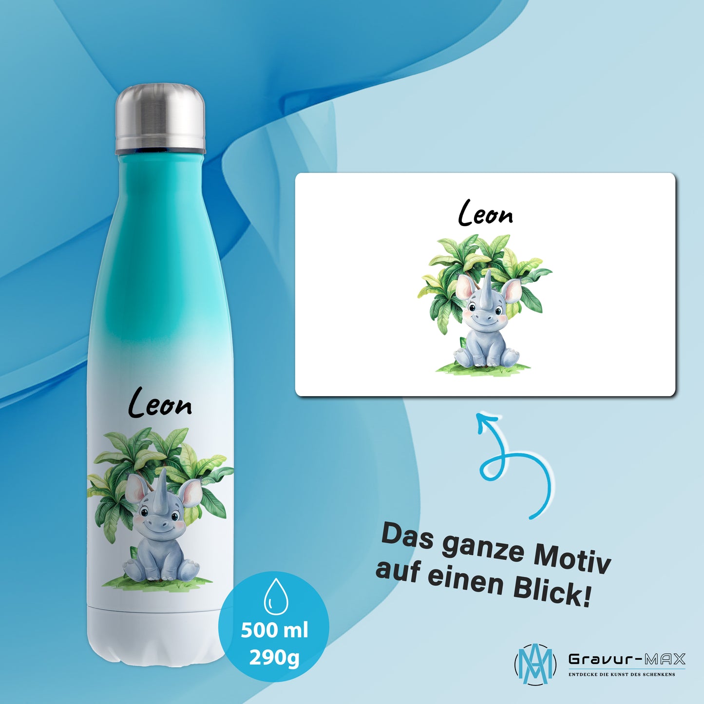 Trinkflasche mit Farbverlauf in Weiß/Mint 500ml aus Edelstahl bedruckt mit Dschungel Tieren"Nashorn" personalisierbar für Kinder mit Wunschname
