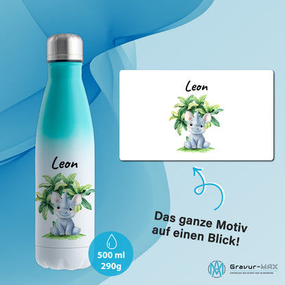 Trinkflasche mit Farbverlauf in Weiß/Mint 500ml aus Edelstahl bedruckt mit Dschungel Tieren"Nashorn" personalisierbar für Kinder mit Wunschname