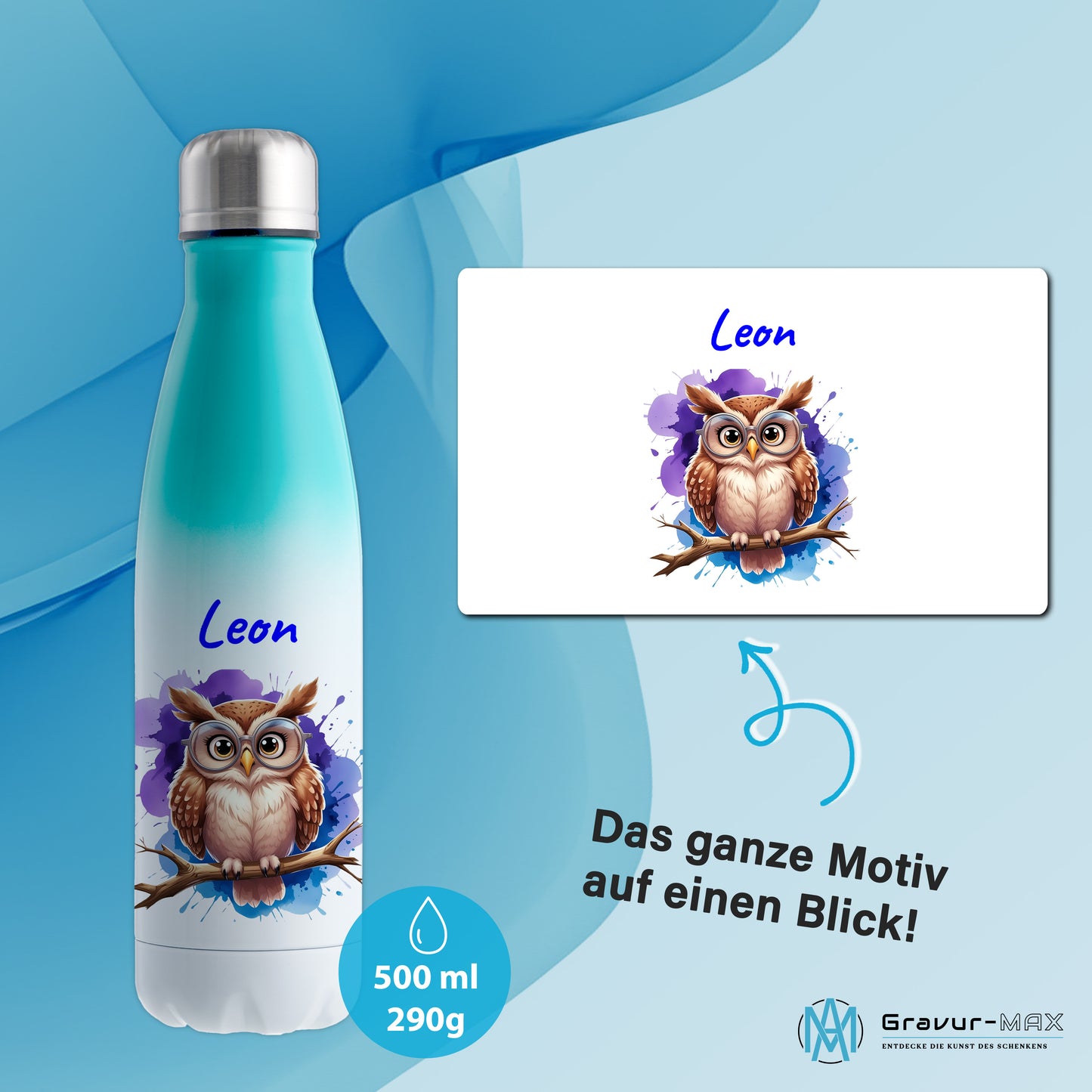 Trinkflasche in Weiß/Mint 500ml aus Edelstahl bedruckt mit niedlichen Tieren "Eule" personalisierbar für Kinder mit Wunschname