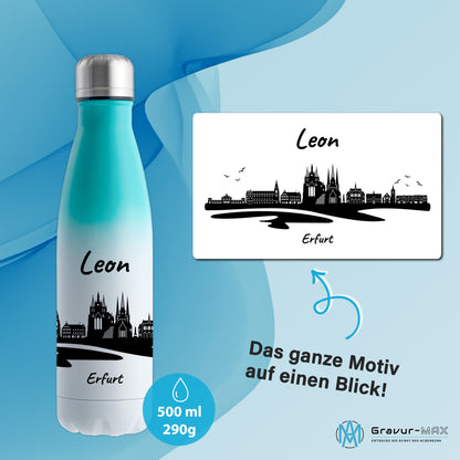 Trinkflasche in Weiß/Mint 500ml aus Edelstahl bedruckt mit der Skyline von Erfurt personalisierbar mit Wunschname