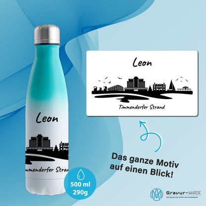 Trinkflasche in Weiß/Mint 500ml aus Edelstahl bedruckt mit der Skyline von Timmendorfer Strand personalisierbar mit Wunschname