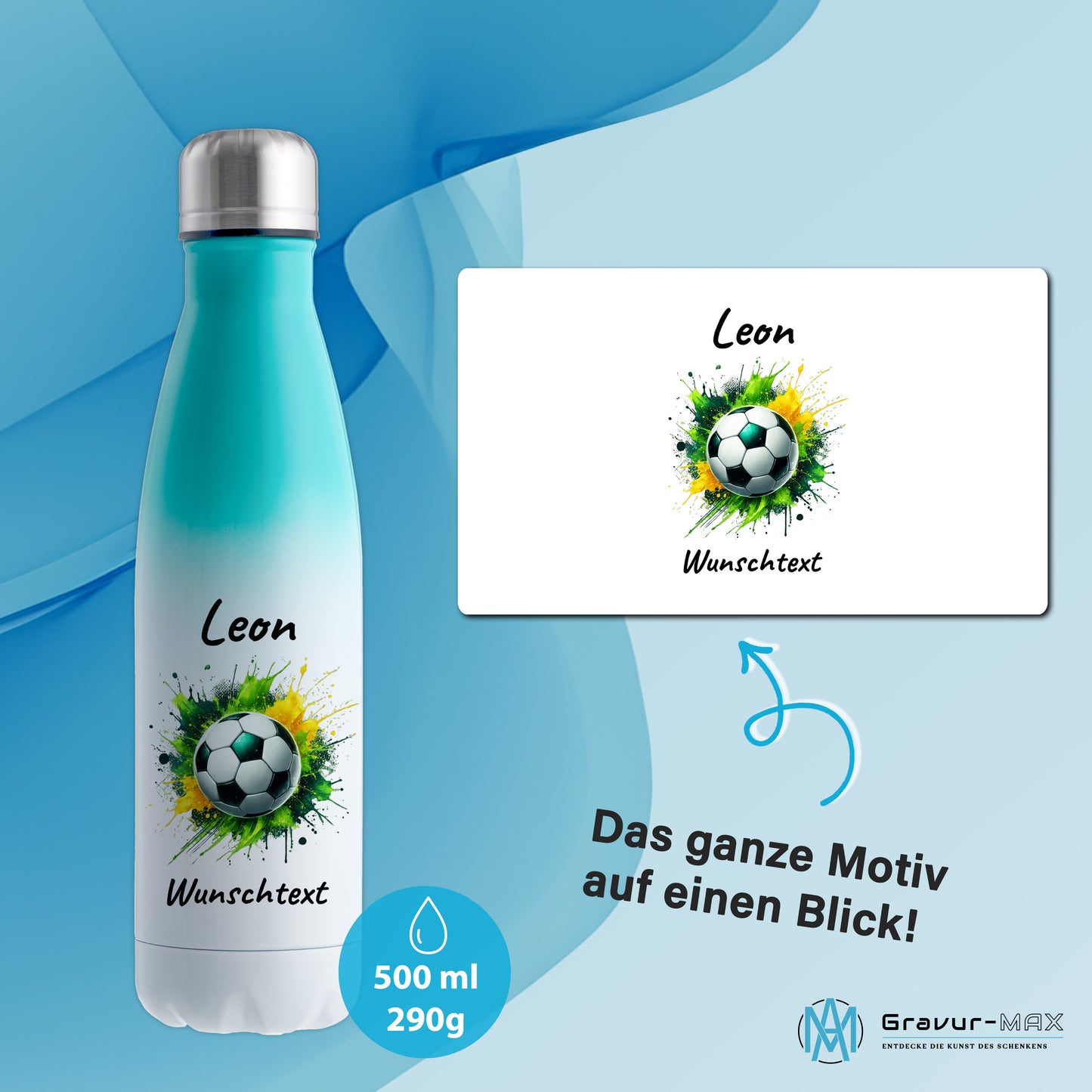 Thermoflasche 500ml in Weiß/Mint aus Edelstahl bedruckt "Fußball" Motiv11 personalisierbar mit Wunschname & Text