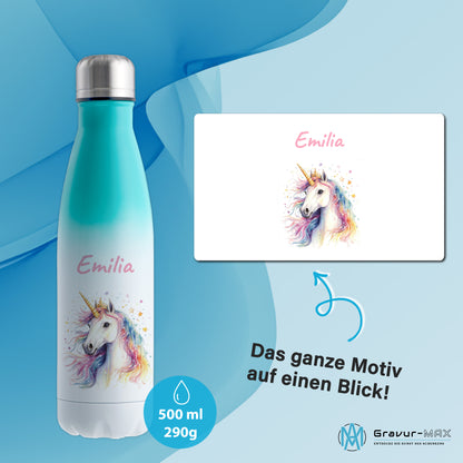 Thermoflasche 500ml in Weiß/Mint bedruckt mit tollen Motiven für Kinder "Einhorn" personalisierbar mit Wunschname