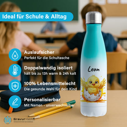 Trinkflasche in Weiß/Mint 500ml aus Edelstahl bedruckt mit niedlichen Tieren "Küken" personalisierbar für Kinder mit Wunschname