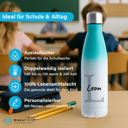 Thermoflasche 500ml aus Edelstahl in Weiß/Mint personalisierbar mit Wunschname auslaufsichere Trinkflasche