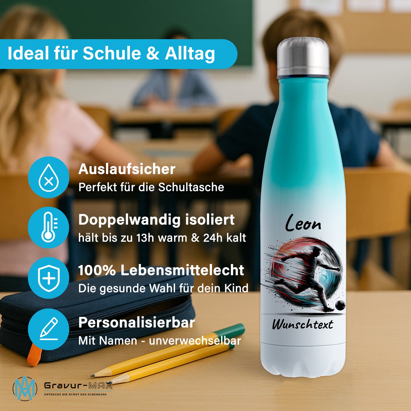Thermoflasche 500ml in Weiß/Mint aus Edelstahl bedruckt "Fußball" Motiv3 personalisierbar mit Wunschname & Text
