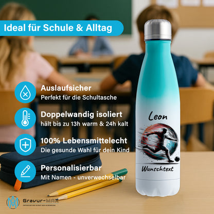 Thermoflasche 500ml in Weiß/Mint aus Edelstahl bedruckt "Fußball" Motiv3 personalisierbar mit Wunschname & Text