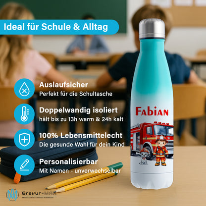 Thermoflasche 500ml in Weiß/Mint bedruckt mit tollen Motiven für Kinder "Feuerwehr" personalisierbar mit Wunschname