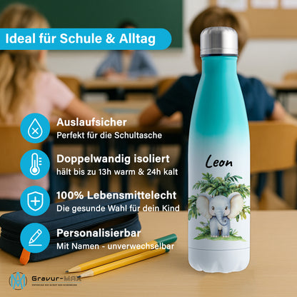 Trinkflasche mit Farbverlauf in Weiß/Mint 500ml aus Edelstahl bedruckt mit Dschungel Tieren"Elefant" personalisierbar für Kinder mit Wunschname