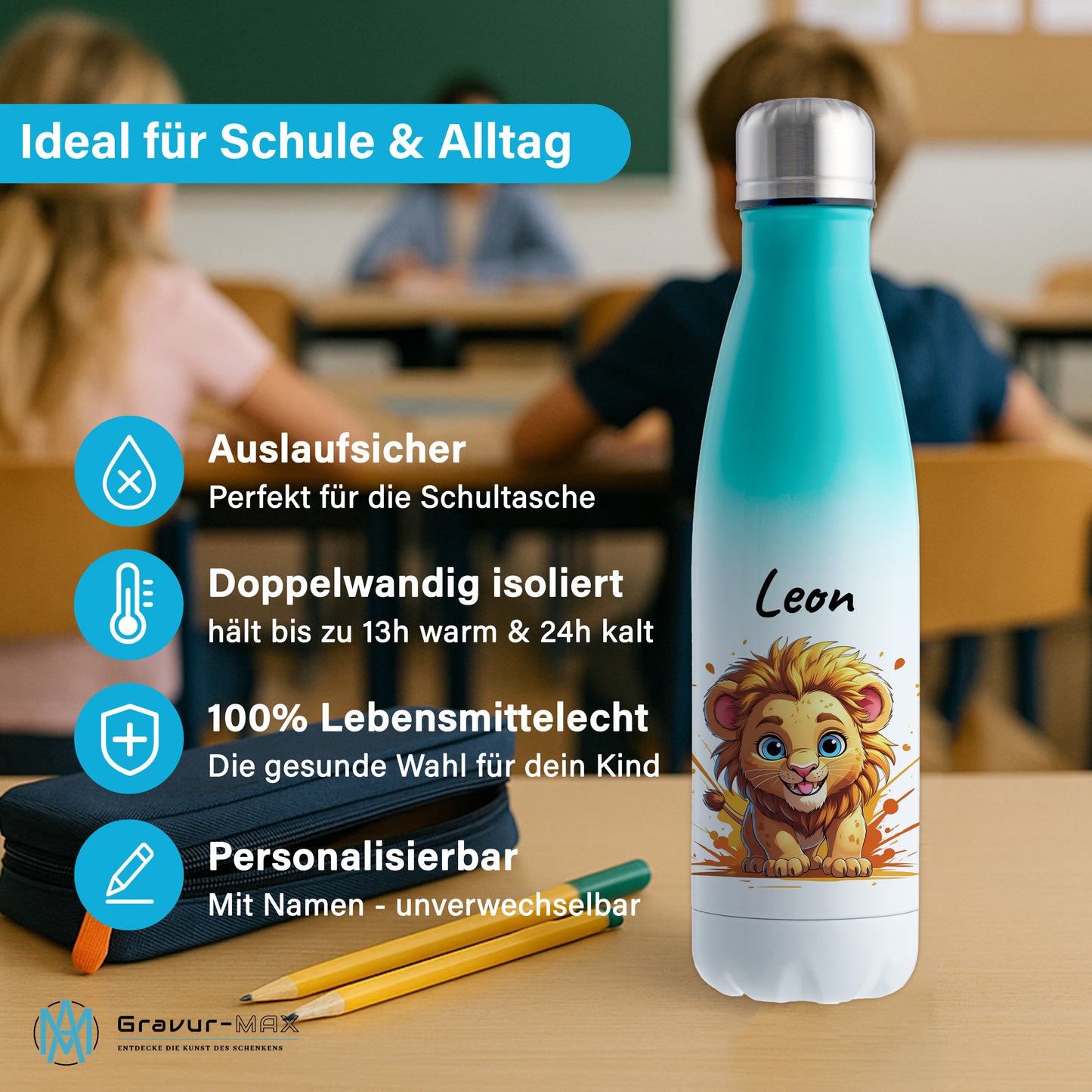 Trinkflasche in Weiß/Mint 500ml aus Edelstahl bedruckt mit niedlichen Tieren "Löwe" personalisierbar für Kinder mit Wunschname