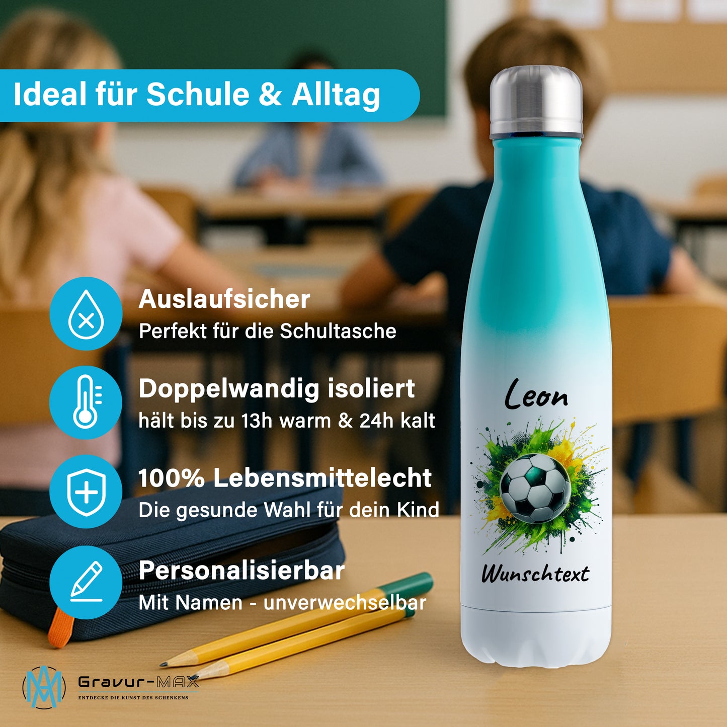 Thermoflasche 500ml in Weiß/Mint aus Edelstahl bedruckt "Fußball" Motiv11 personalisierbar mit Wunschname & Text