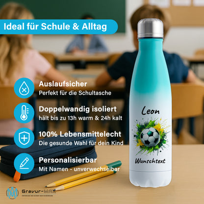 Thermoflasche 500ml in Weiß/Mint aus Edelstahl bedruckt "Fußball" Motiv11 personalisierbar mit Wunschname & Text