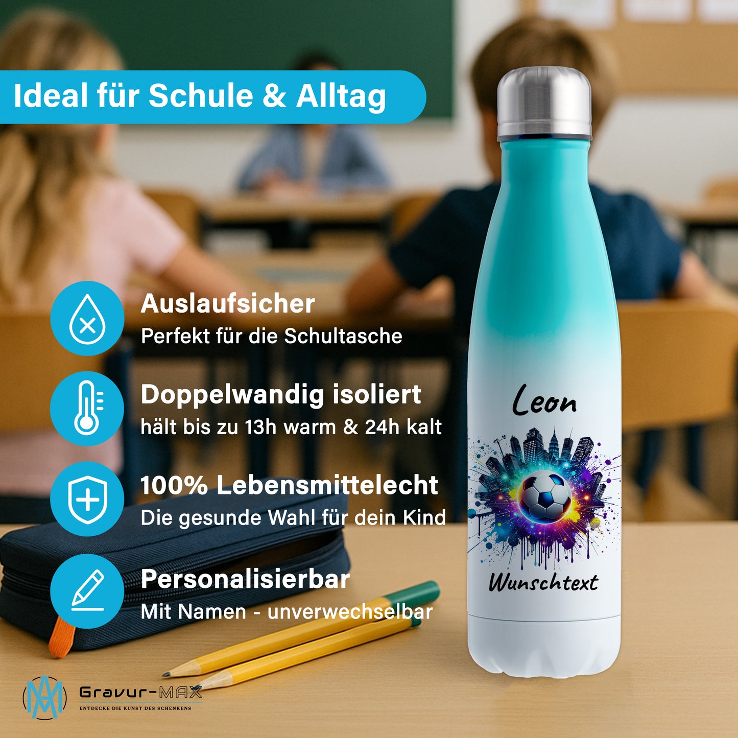 Thermoflasche 500ml in Weiß/Mint aus Edelstahl bedruckt "Fußball" Motiv7 personalisierbar mit Wunschname & Text