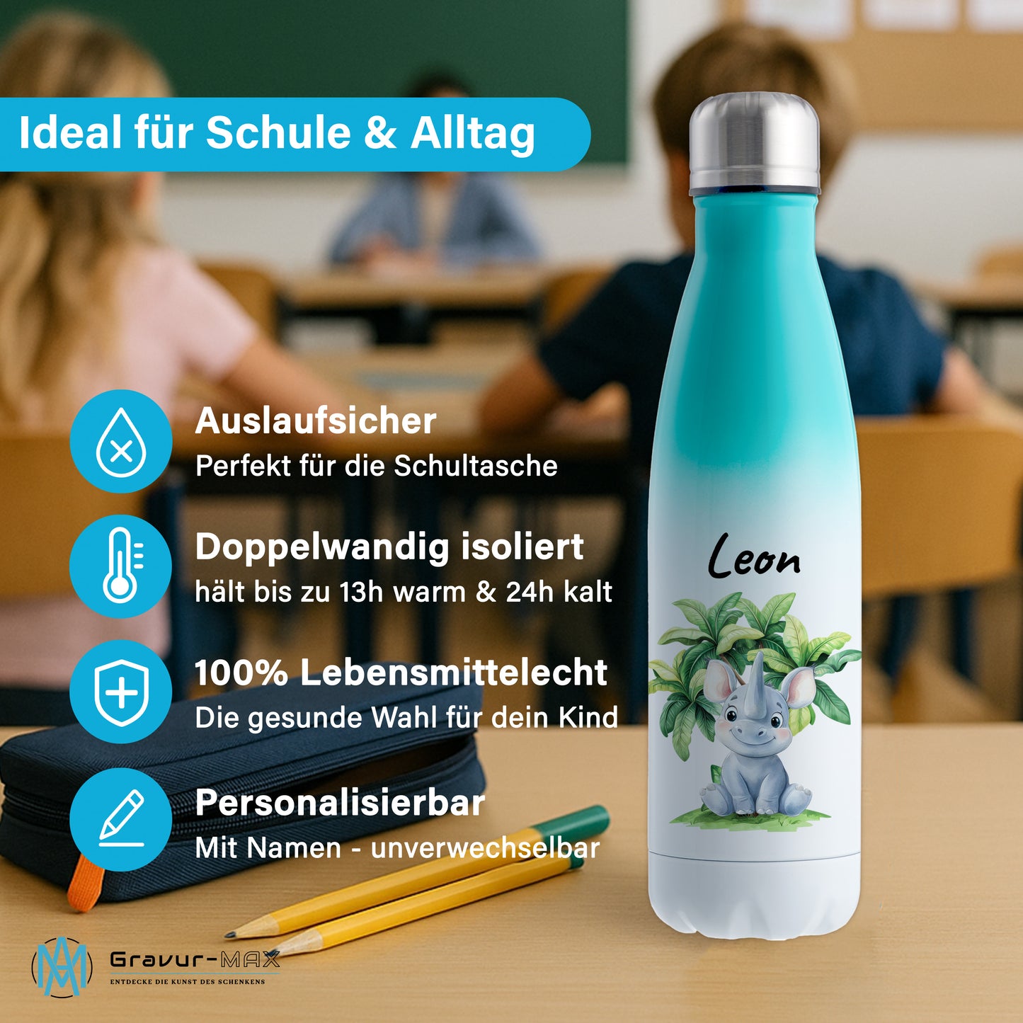 Trinkflasche mit Farbverlauf in Weiß/Mint 500ml aus Edelstahl bedruckt mit Dschungel Tieren"Nashorn" personalisierbar für Kinder mit Wunschname