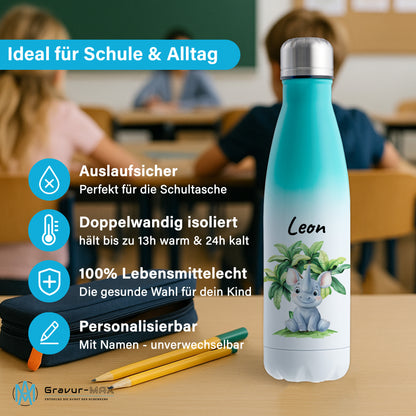 Trinkflasche mit Farbverlauf in Weiß/Mint 500ml aus Edelstahl bedruckt mit Dschungel Tieren"Nashorn" personalisierbar für Kinder mit Wunschname