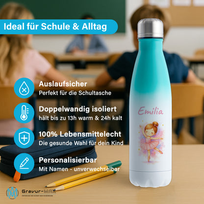 Thermoflasche 500ml in Weiß/Mint bedruckt mit tollen Motiven für Kinder "Ballerina" personalisierbar mit Wunschname