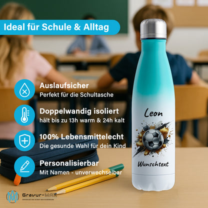 Thermoflasche 500ml in Weiß/Mint aus Edelstahl bedruckt "Fußball" Motiv13 personalisierbar mit Wunschname & Text