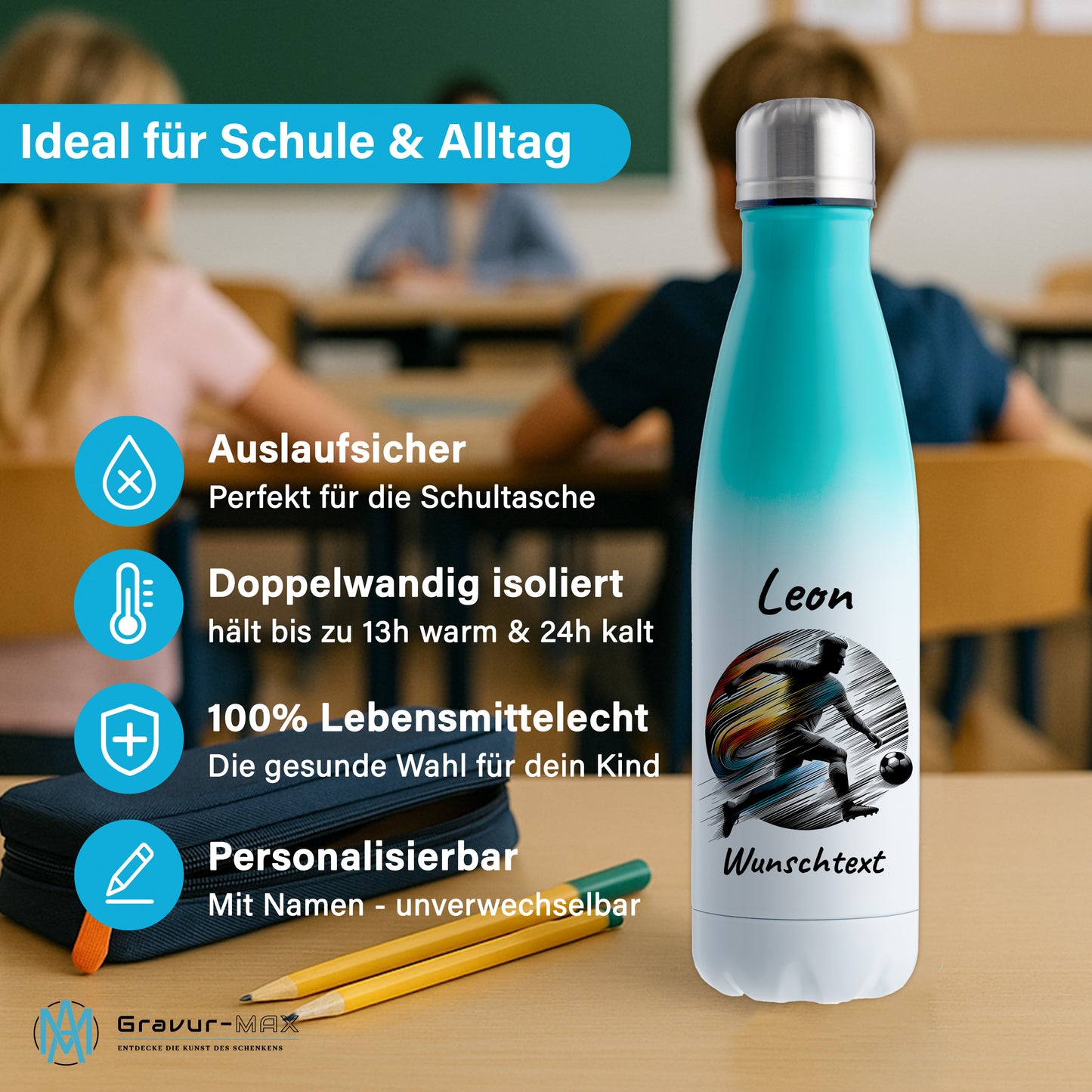 Thermoflasche 500ml in Weiß/Mint aus Edelstahl bedruckt "Fußball" Motiv2 personalisierbar mit Wunschname & Text