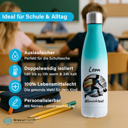 Thermoflasche 500ml in Weiß/Mint aus Edelstahl bedruckt "Fußball" Motiv2 personalisierbar mit Wunschname & Text