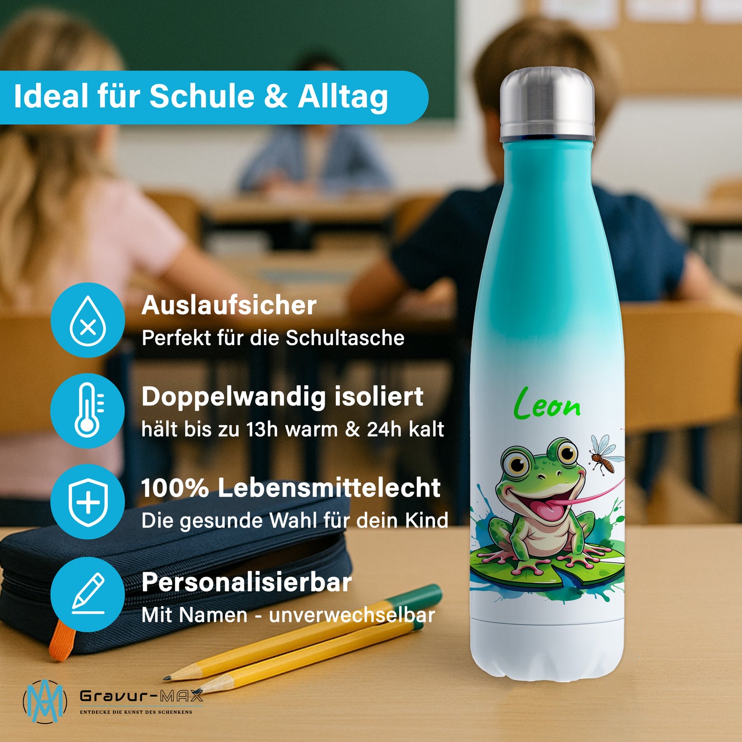 Trinkflasche in Weiß/Mint 500ml aus Edelstahl bedruckt mit niedlichen Tieren "Frosch" personalisierbar für Kinder mit Wunschname