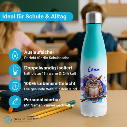 Trinkflasche in Weiß/Mint 500ml aus Edelstahl bedruckt mit niedlichen Tieren "Eule" personalisierbar für Kinder mit Wunschname