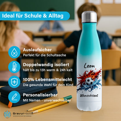 Thermoflasche 500ml in Weiß/Mint aus Edelstahl bedruckt "Fußball" Motiv12 personalisierbar mit Wunschname & Text