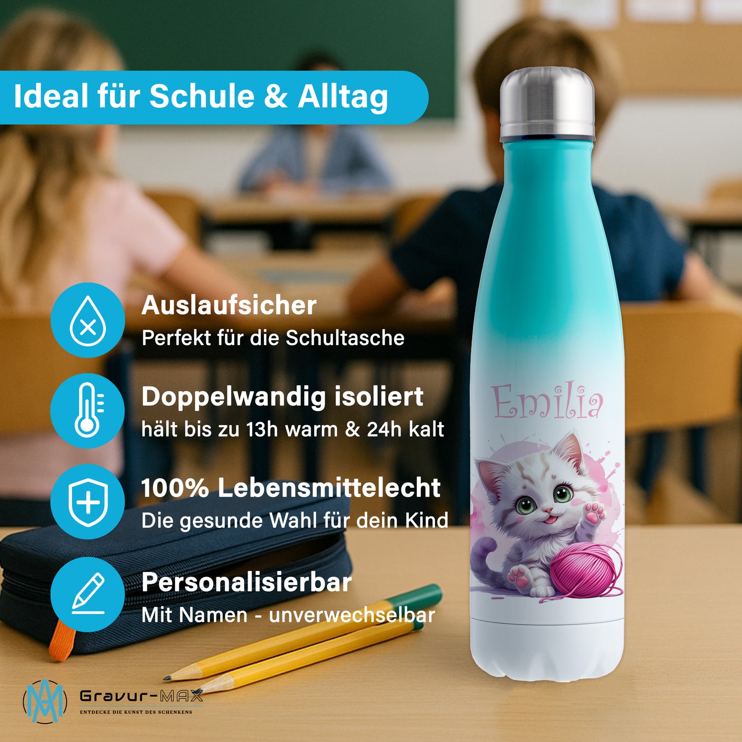 Trinkflasche in Weiß/Mint 500ml aus Edelstahl bedruckt mit niedlichen Tieren "Katze" personalisierbar für Kinder mit Wunschname