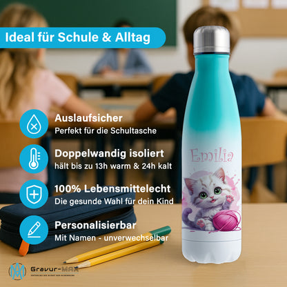 Trinkflasche in Weiß/Mint 500ml aus Edelstahl bedruckt mit niedlichen Tieren "Katze" personalisierbar für Kinder mit Wunschname