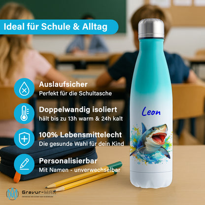 Thermoflasche 500ml in Weiß/Mint bedruckt mit tollen Motiven für Kinder "Hai" personalisierbar mit Wunschname