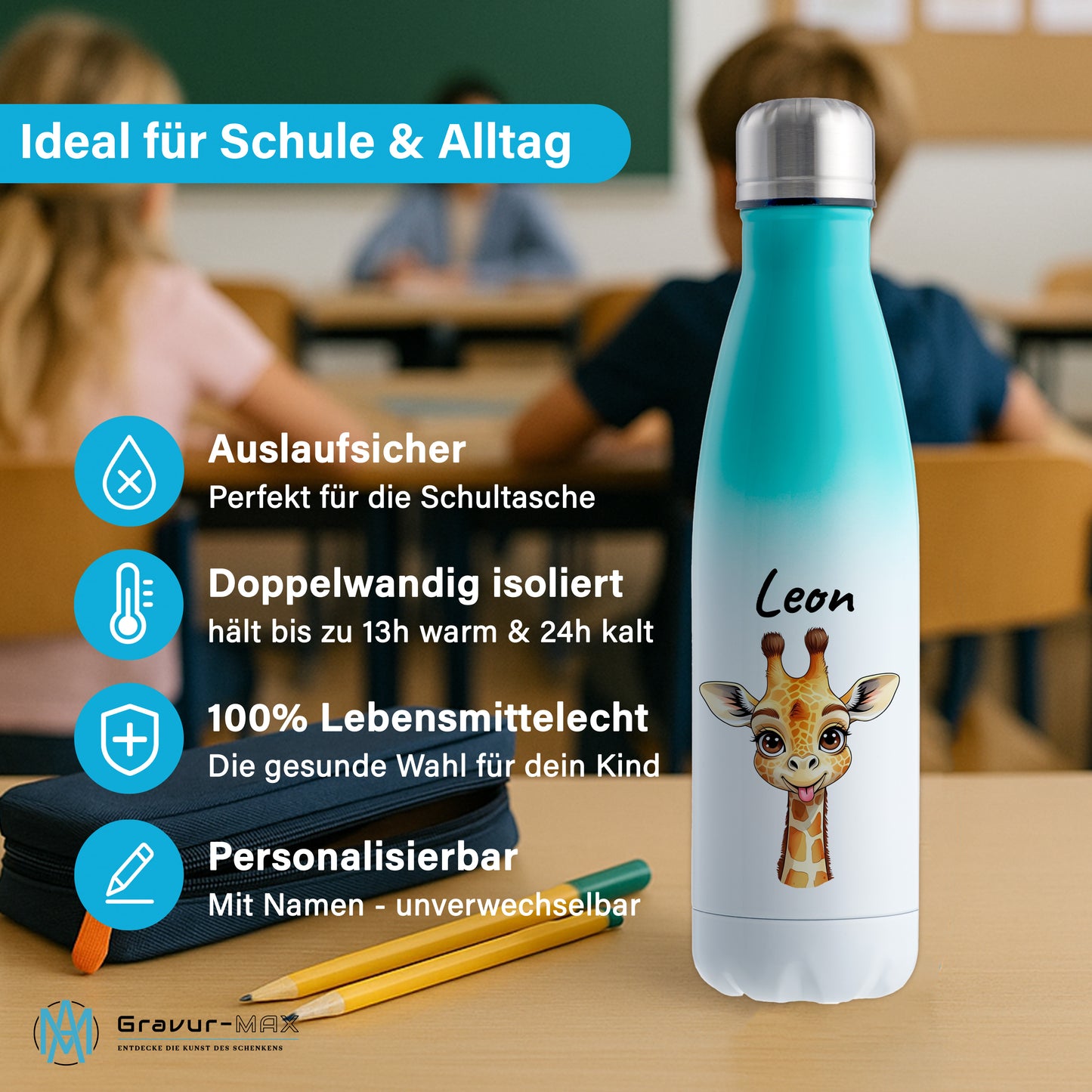 Trinkflasche in Weiß/Mint 500ml aus Edelstahl bedruckt mit niedlichen Tieren "Giraffe" personalisierbar für Kinder mit Wunschname
