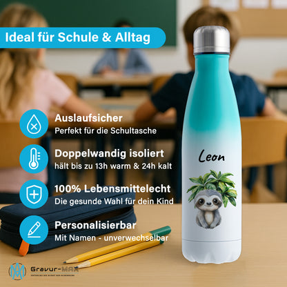 Trinkflasche mit Farbverlauf in Weiß/Mint 500ml aus Edelstahl bedruckt mit Dschungel Tieren"Faultier" personalisierbar für Kinder mit Wunschname