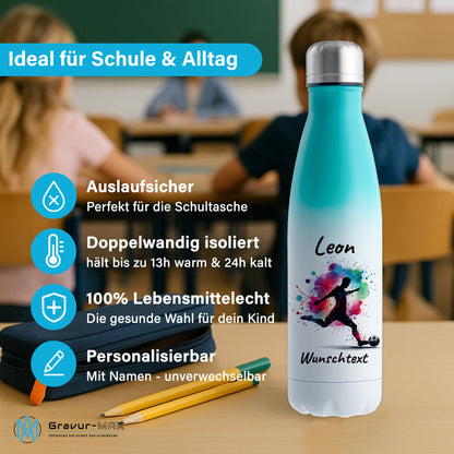 Thermoflasche 500ml in Weiß/Mint aus Edelstahl bedruckt "Fußball" Motiv4 personalisierbar mit Wunschname & Text
