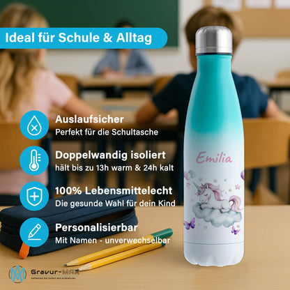 Thermoflasche 500ml in Weiß/Mint bedruckt mit tollen Motiven für Kinder "Einhorn Wolke" personalisierbar mit Wunschname