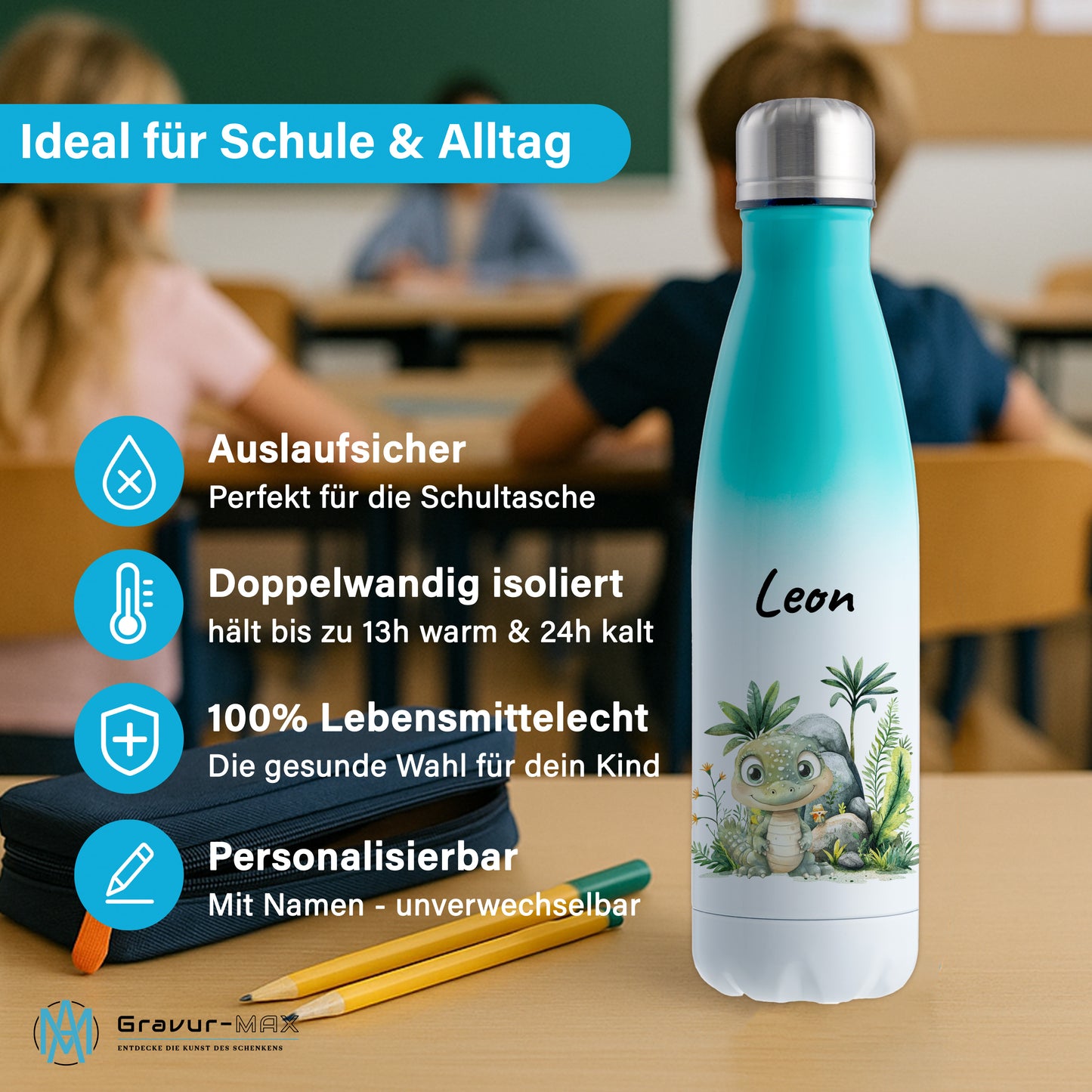 Trinkflasche mit Farbverlauf in Weiß/Mint 500ml aus Edelstahl bedruckt mit Dschungel Tieren"Krokodil" personalisierbar für Kinder mit Wunschname