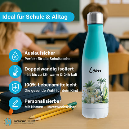 Trinkflasche mit Farbverlauf in Weiß/Mint 500ml aus Edelstahl bedruckt mit Dschungel Tieren"Krokodil" personalisierbar für Kinder mit Wunschname