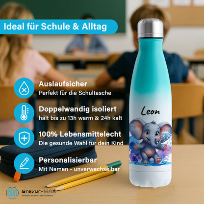 Trinkflasche in Weiß/Mint 500ml aus Edelstahl bedruckt mit niedlichen Tieren "Elefant" personalisierbar für Kinder mit Wunschname