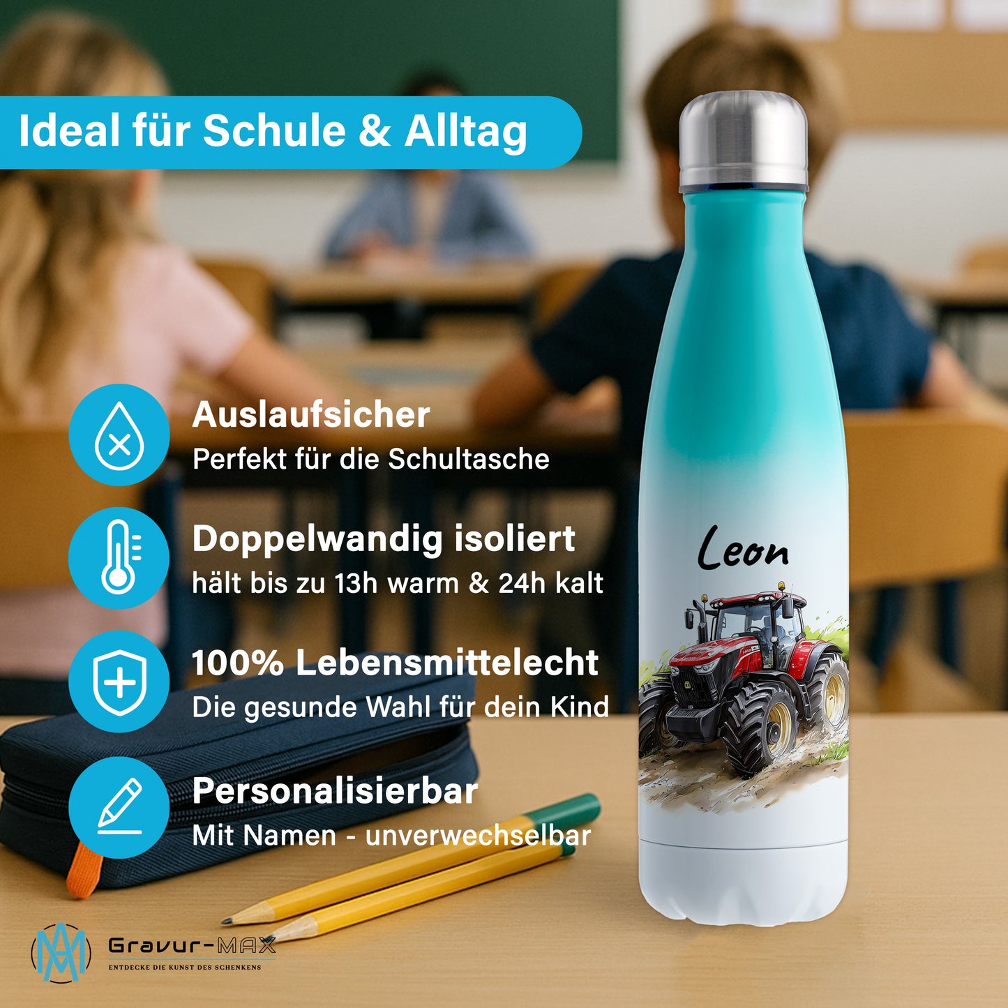 Thermoflasche 500ml in Weiß/Mint bedruckt mit tollen Motiven für Kinder "Traktor" personalisierbar mit Wunschname