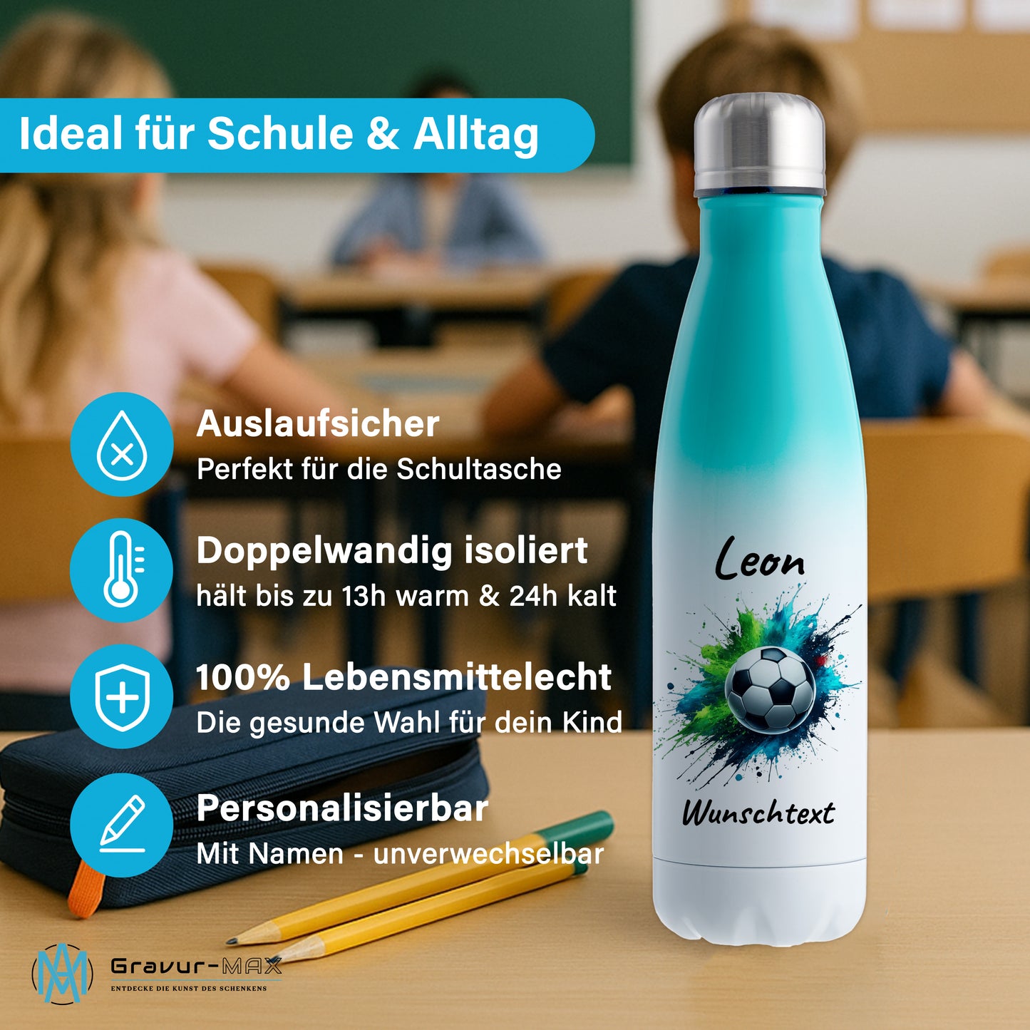Thermoflasche 500ml in Weiß/Mint aus Edelstahl bedruckt "Fußball" Motiv8 personalisierbar mit Wunschname & Text
