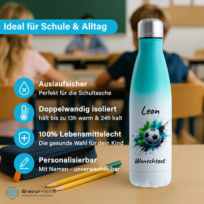 Thermoflasche 500ml in Weiß/Mint aus Edelstahl bedruckt "Fußball" Motiv8 personalisierbar mit Wunschname & Text