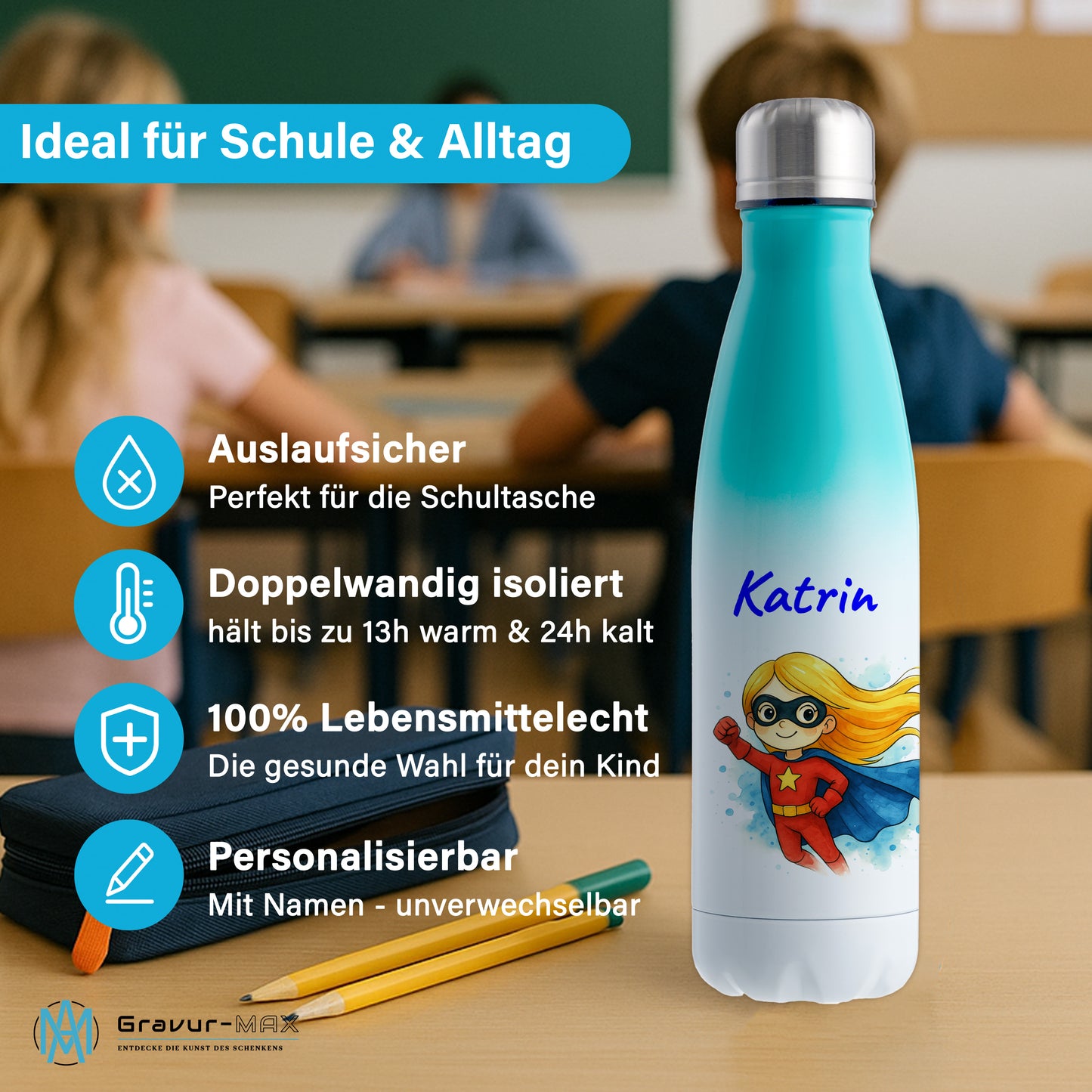 Thermoflasche 500ml in Weiß/Mint bedruckt mit tollen Motiven für Kinder "Superheldin" personalisierbar mit Wunschname